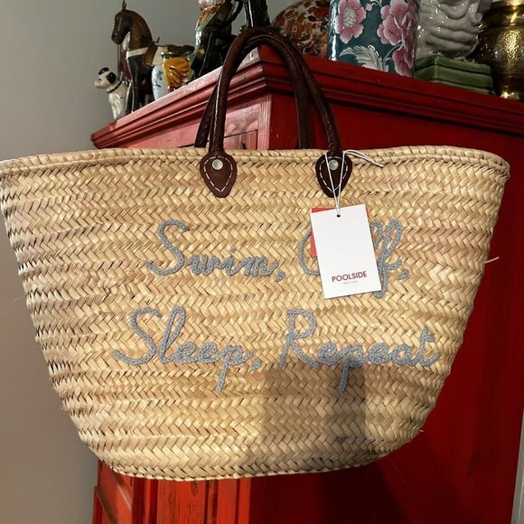 Poolside NWT leather handle  swim golf sleep repeat straw Tote - Picture 1 of 6